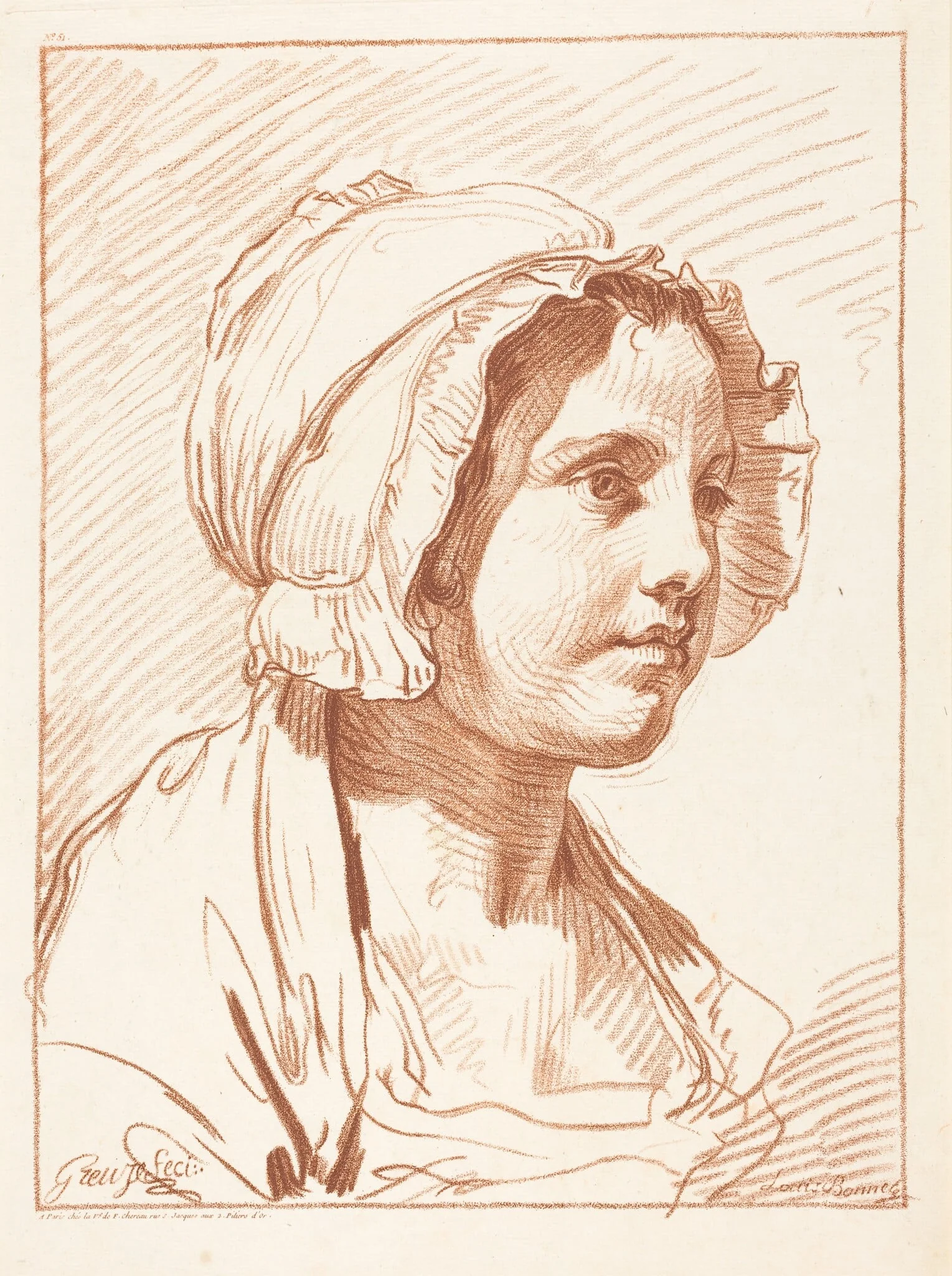 Head of a Young Woman Wearing a Cap, by Louis-Marin Bonnet, chalk, 1764