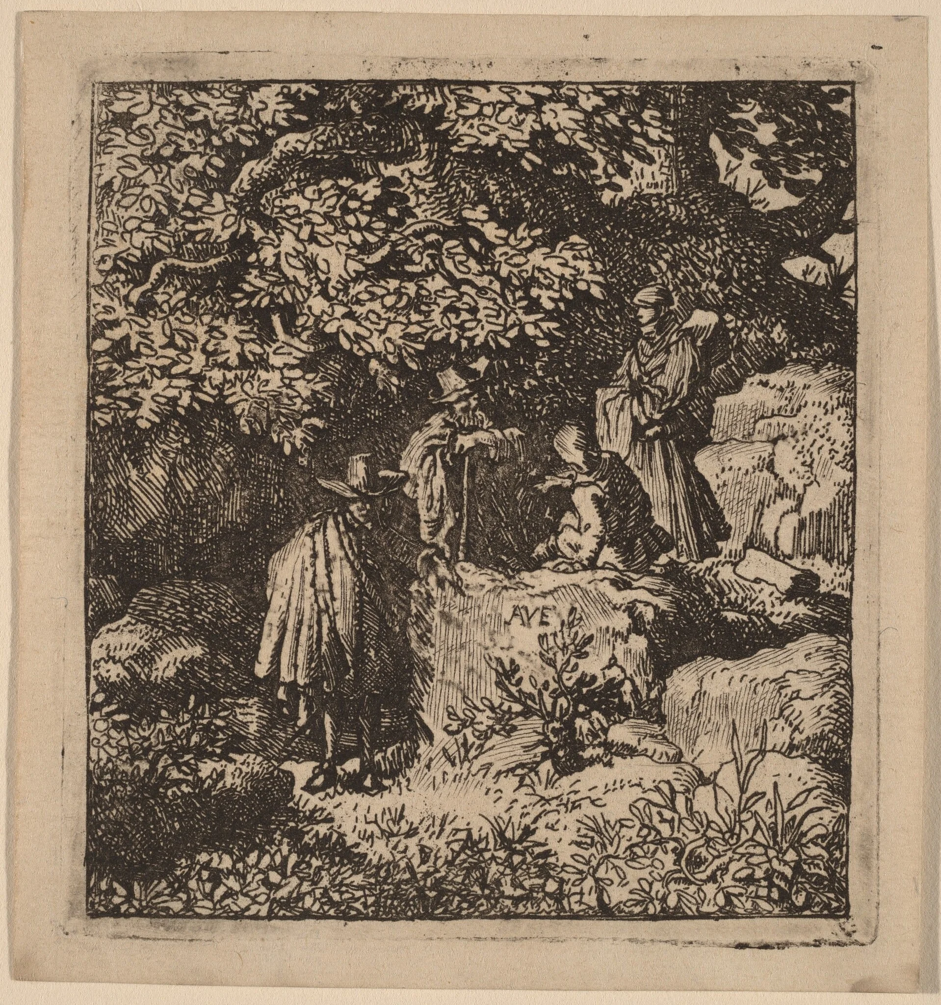 Four Figures under a Tree, by Allart van Everdingen, ink, 1650