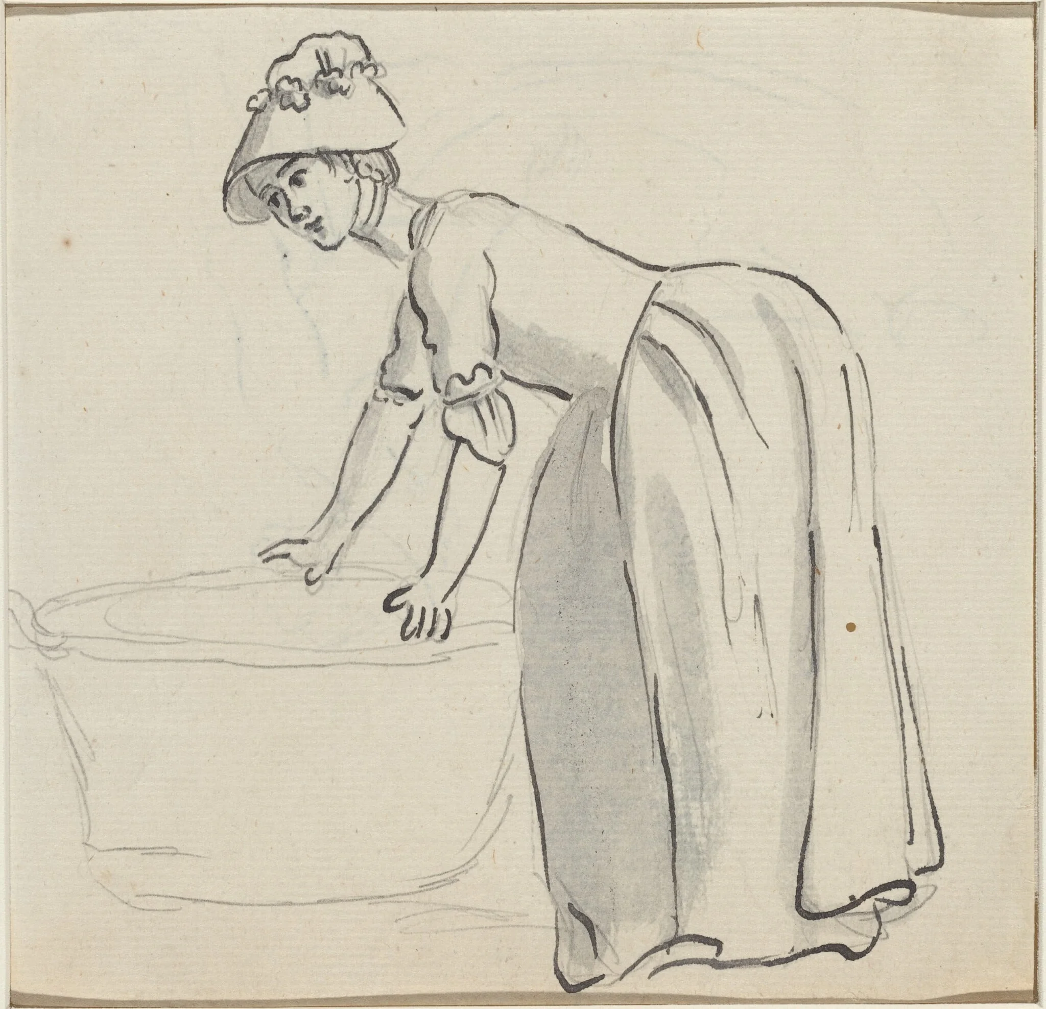 Girl with a Bonnet at Work [recto], by Paul Sandby, ink, 1770