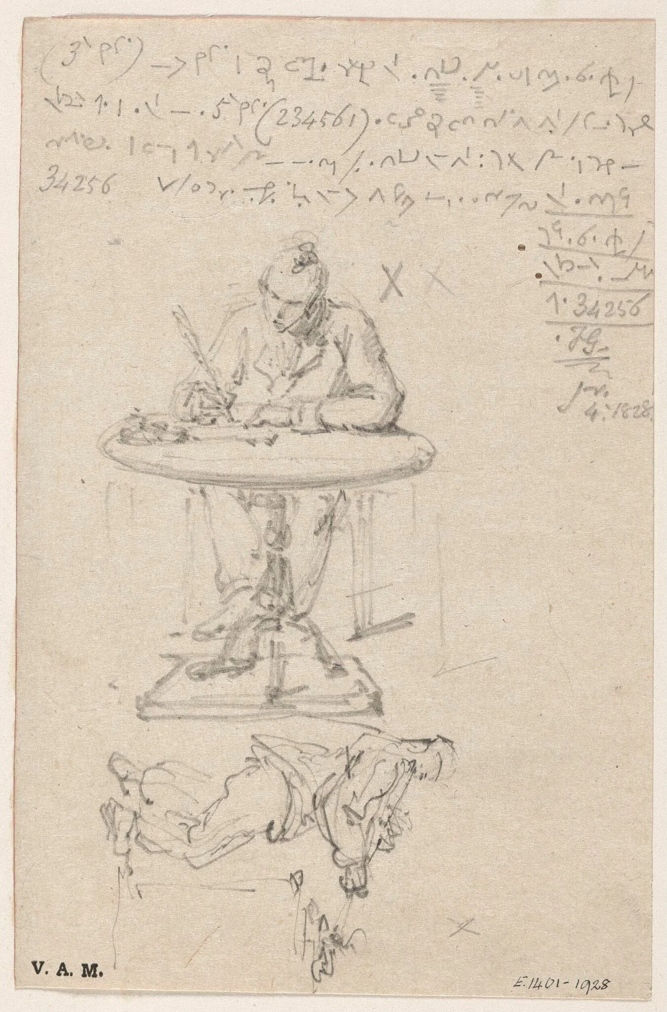 Sketches of a figure writing at a pedestal table, and a figure lighting a pipe, by George Chinnery, 2