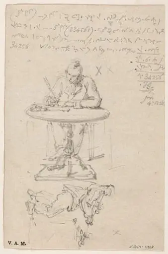 Sketches of a figure writing at a pedestal table, and a figure lighting a pipe