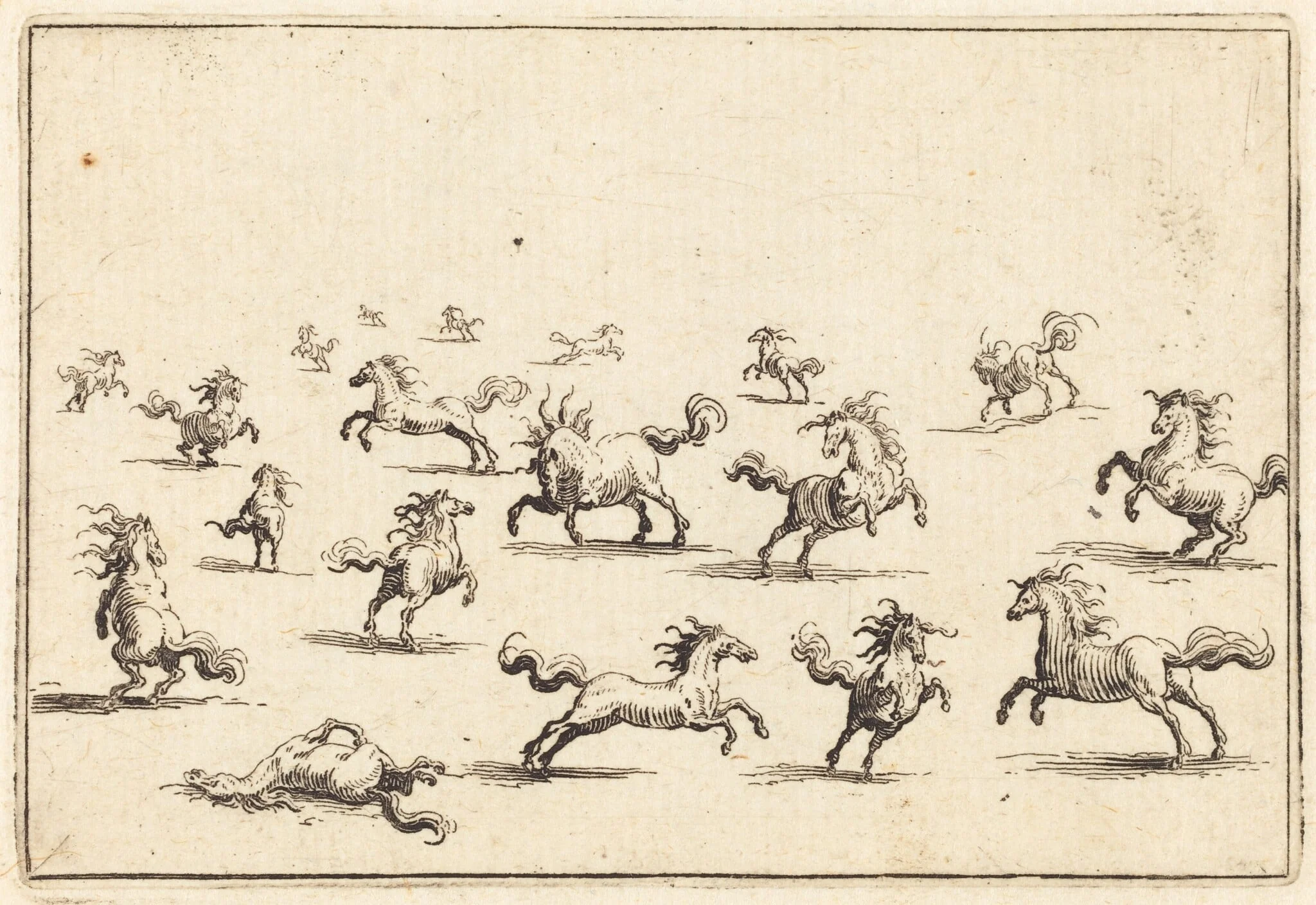 Horses Running, by Jacques Callot, ink, 1622