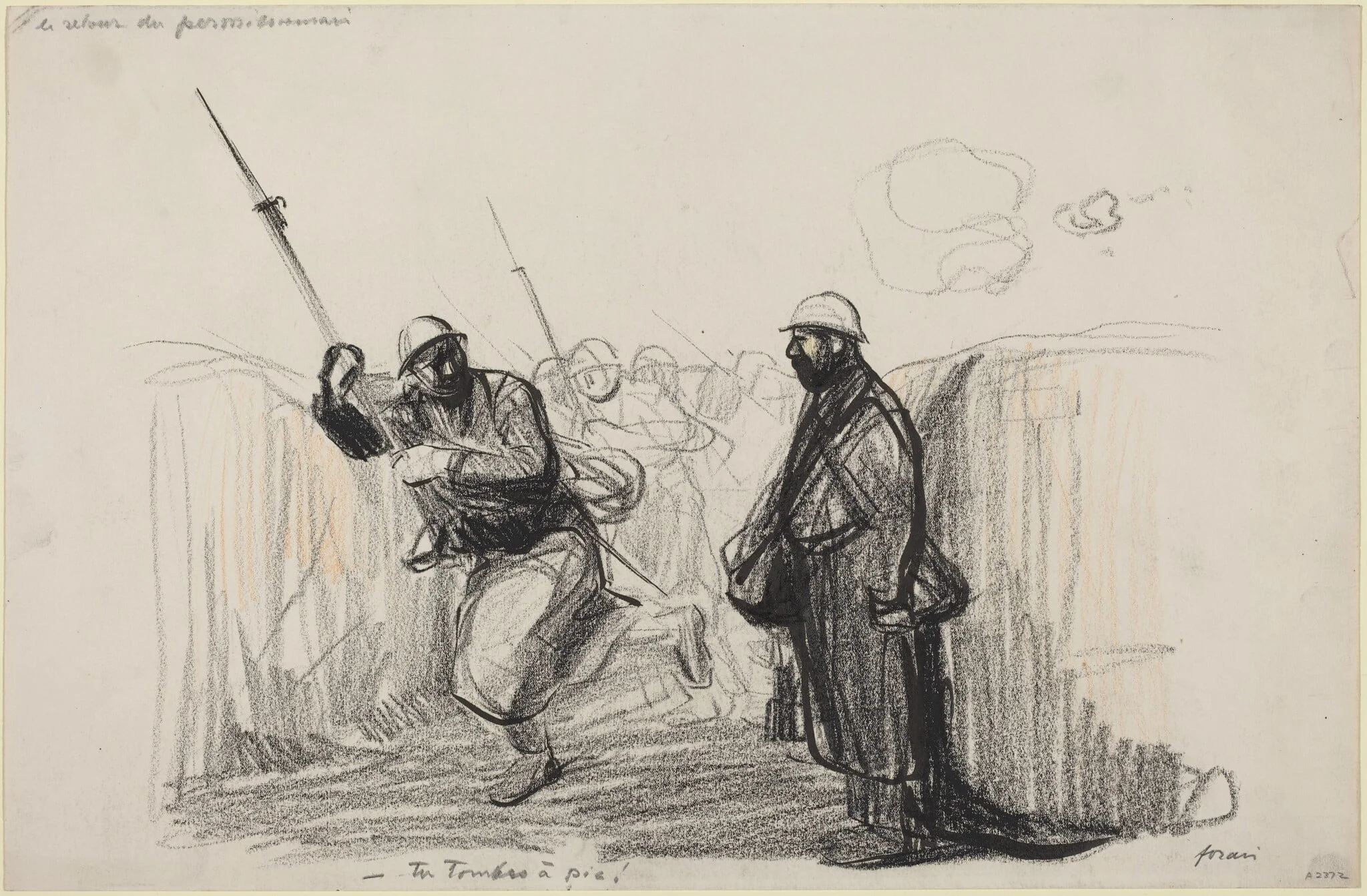 Le retour du permissionnaire.  -Tu Tombes a pie!, by Jean-Louis Forain, ink, 1916