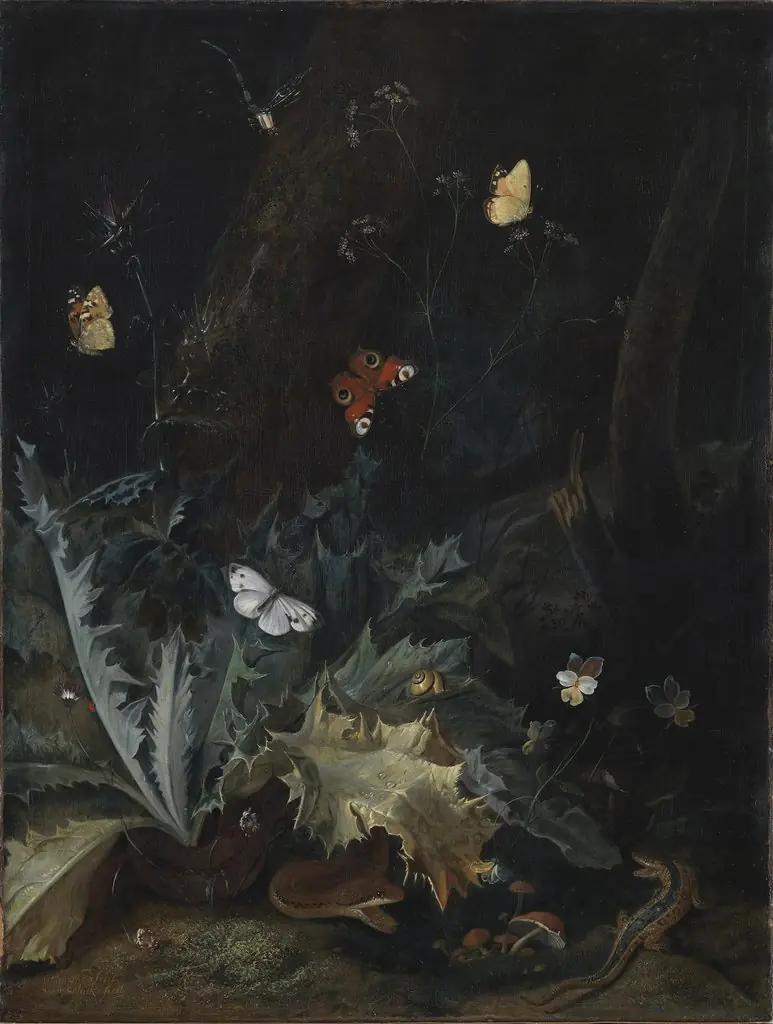 A Forest Floor with a Thistle, a Snake, a Lizard and Butterflies