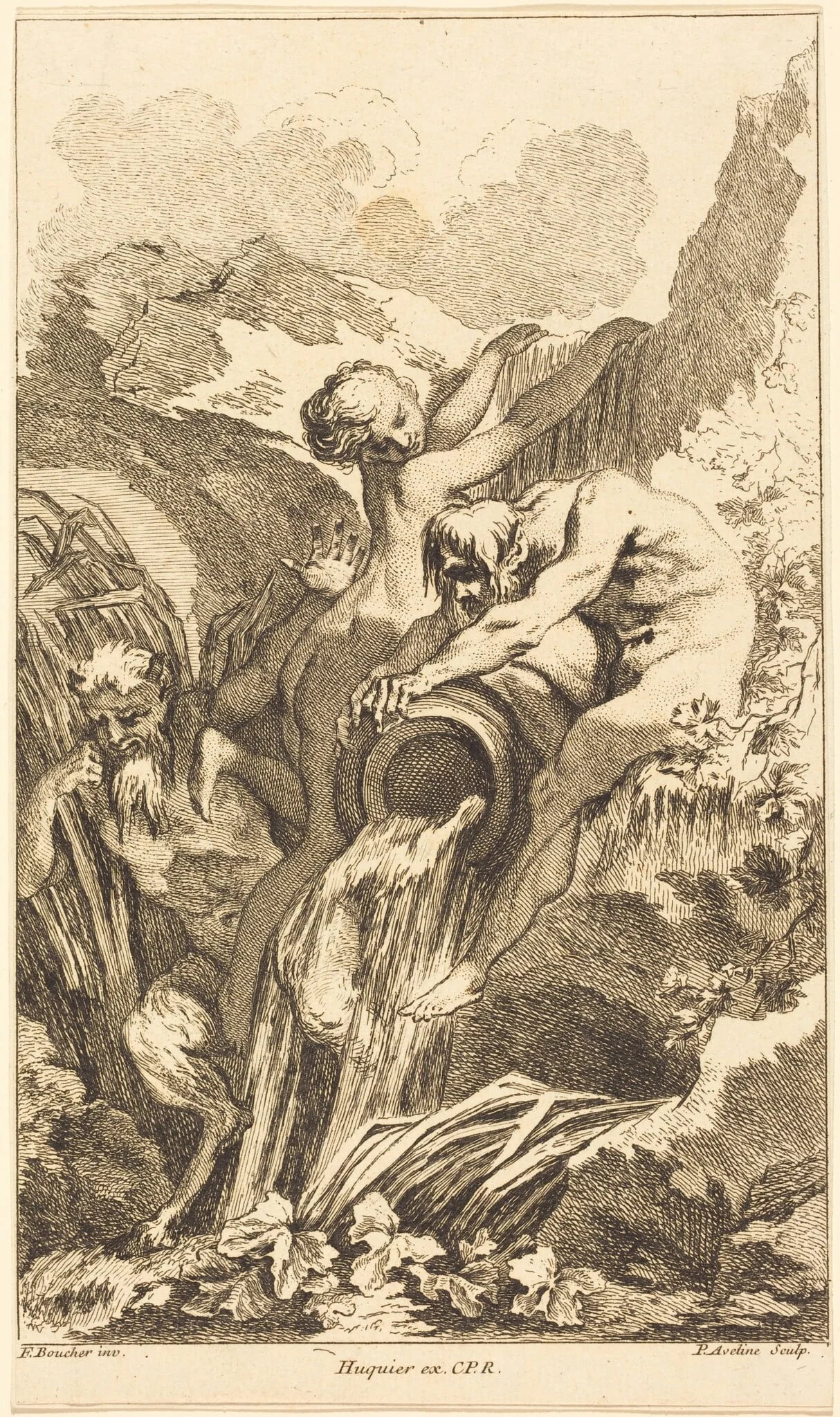 Satyr, Nymph and River God, by Pierre-Alexandre Aveline, ink, 1736