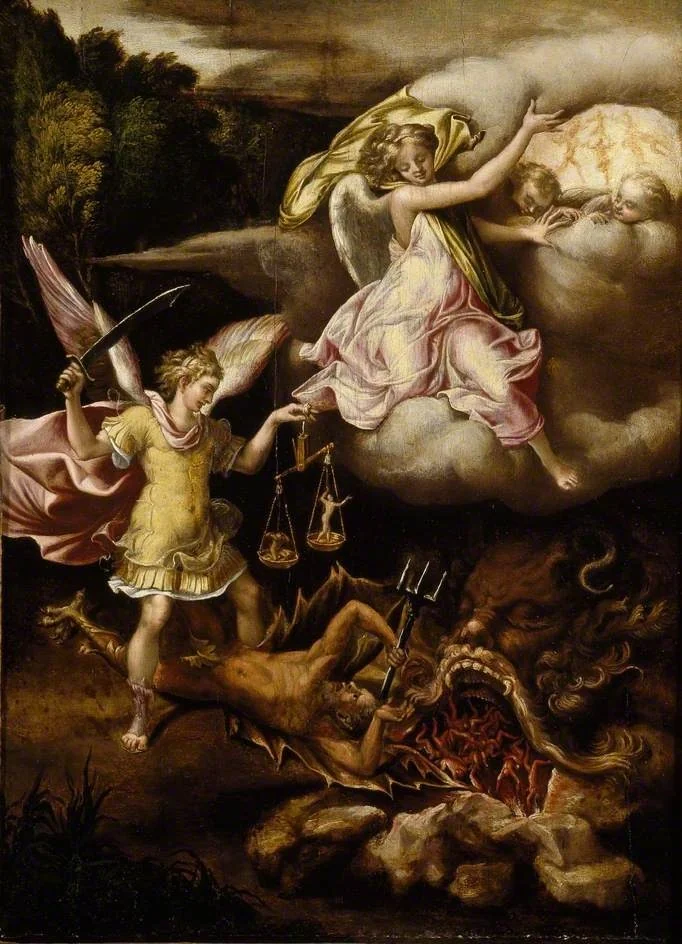 St Michael subduing Satan and weighing the Souls of the Dead, by Lelio Orsi, oil, 1540