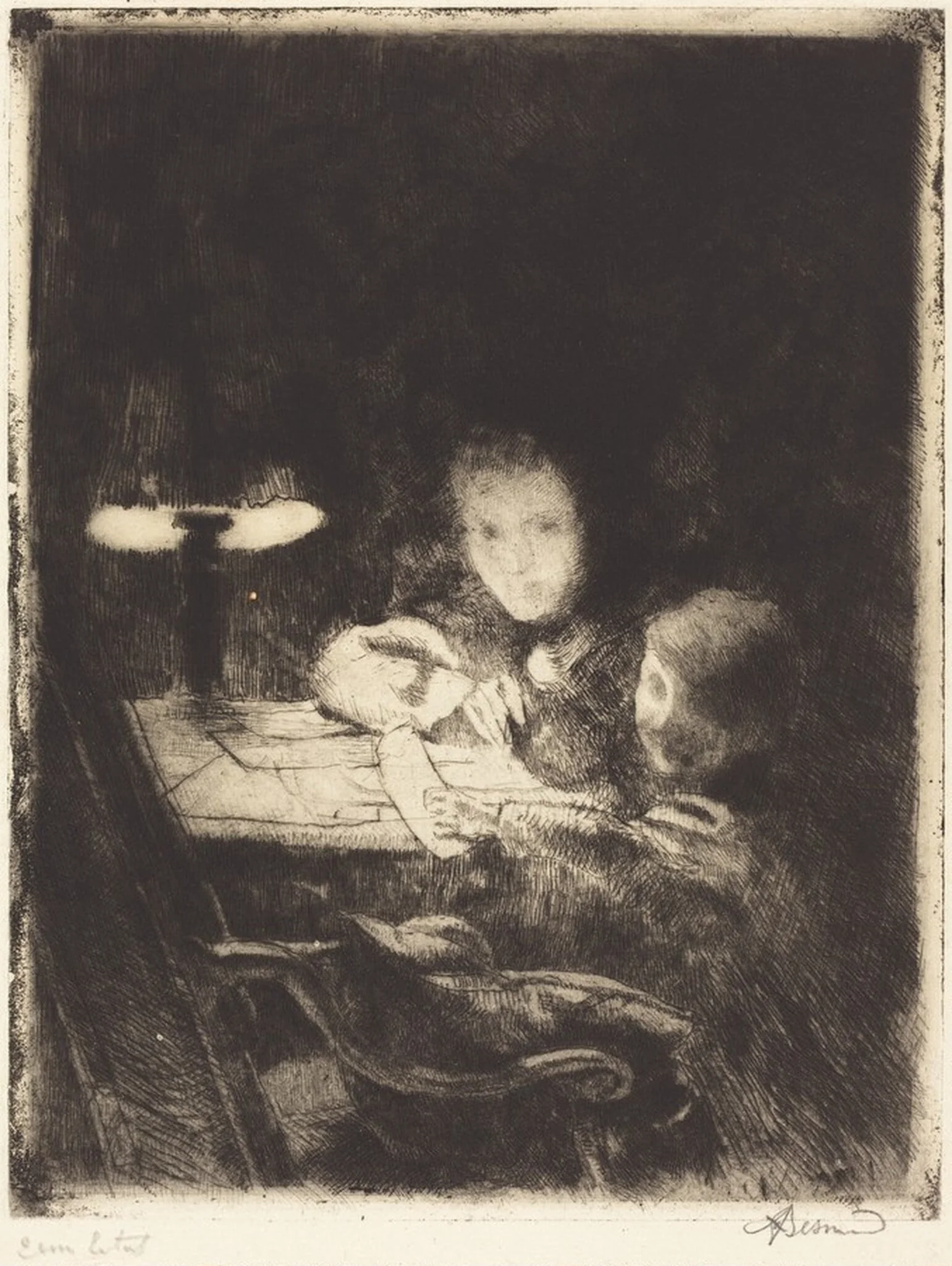 By the Lamp (Sous la Lampe), by Paul-Albert Besnard, ink, 1926