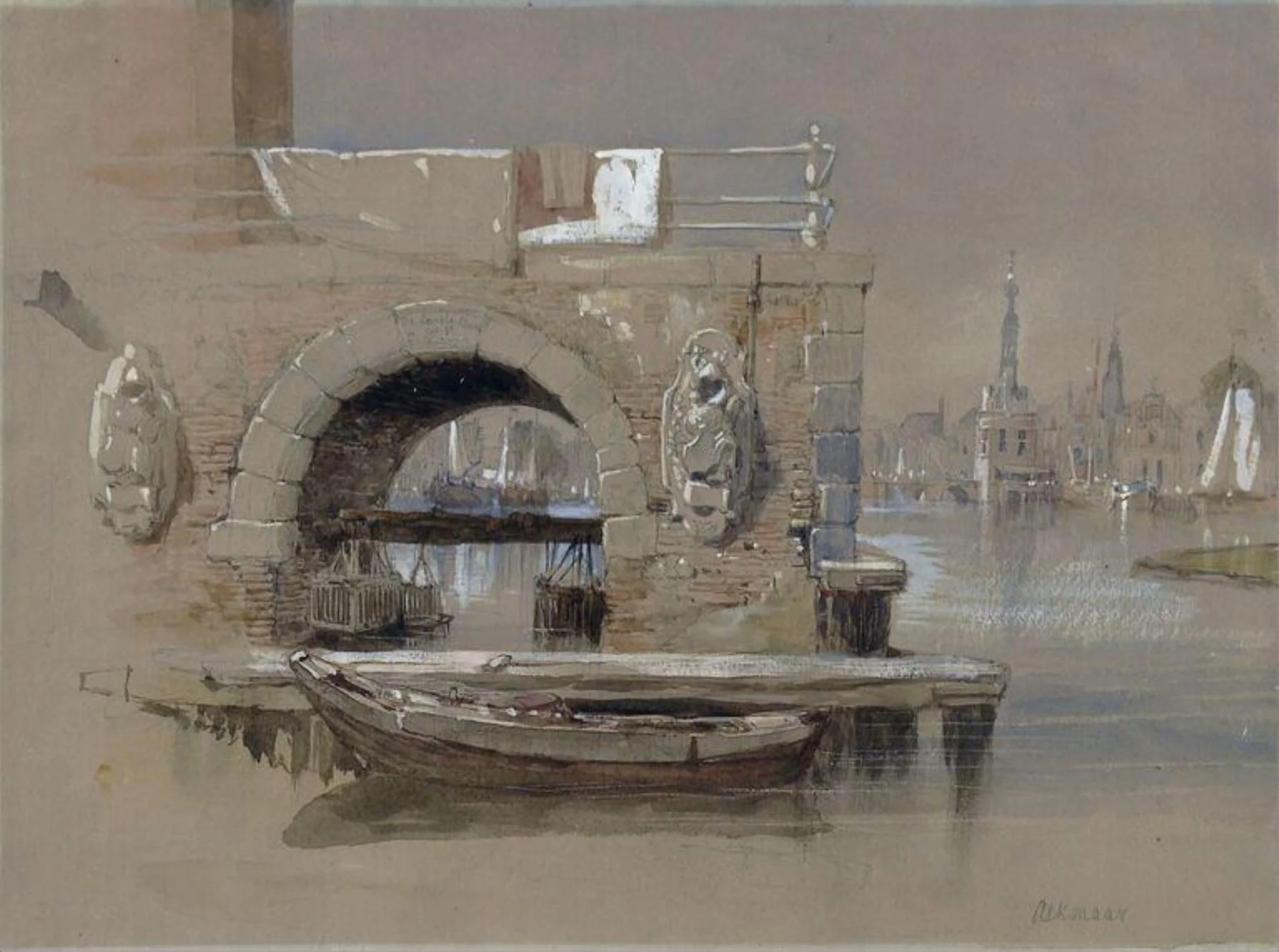 Dutch Town and Harbour- Alkmaar, by Clarkson RA Stanfield, watercolor, 1850