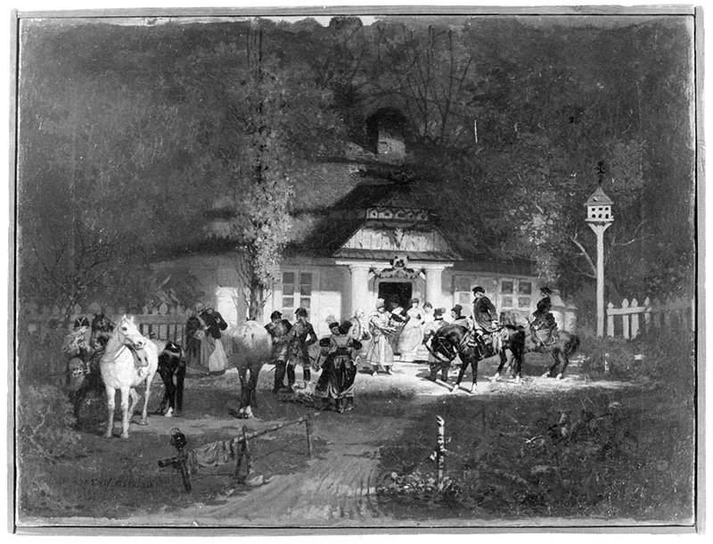 In front of a manor house, by Wandalin Strzałecki, oil, 1896
