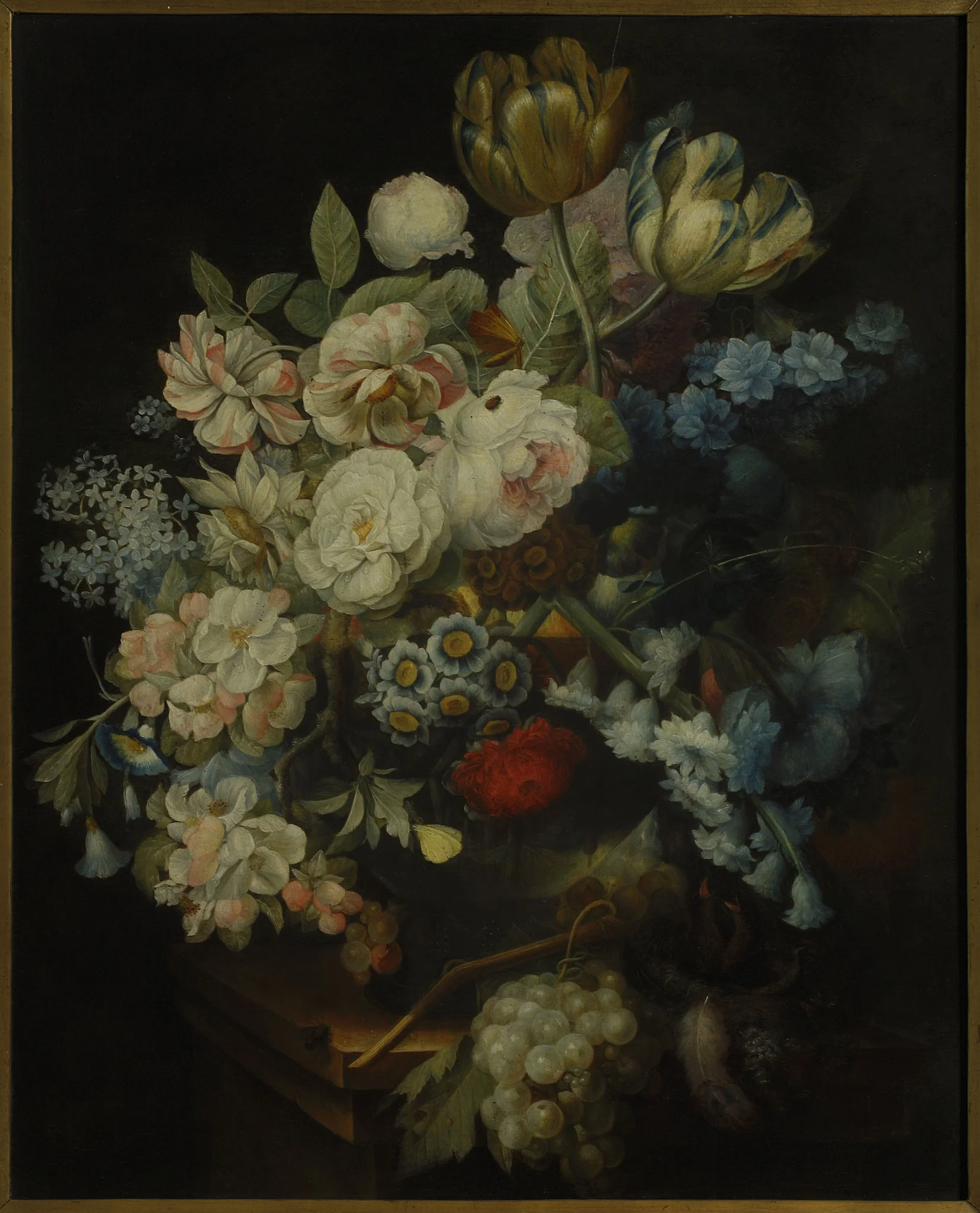 Flowers in a vase and a bunch of grapes, by Georges Frédéric Ziesel, oil, 1792