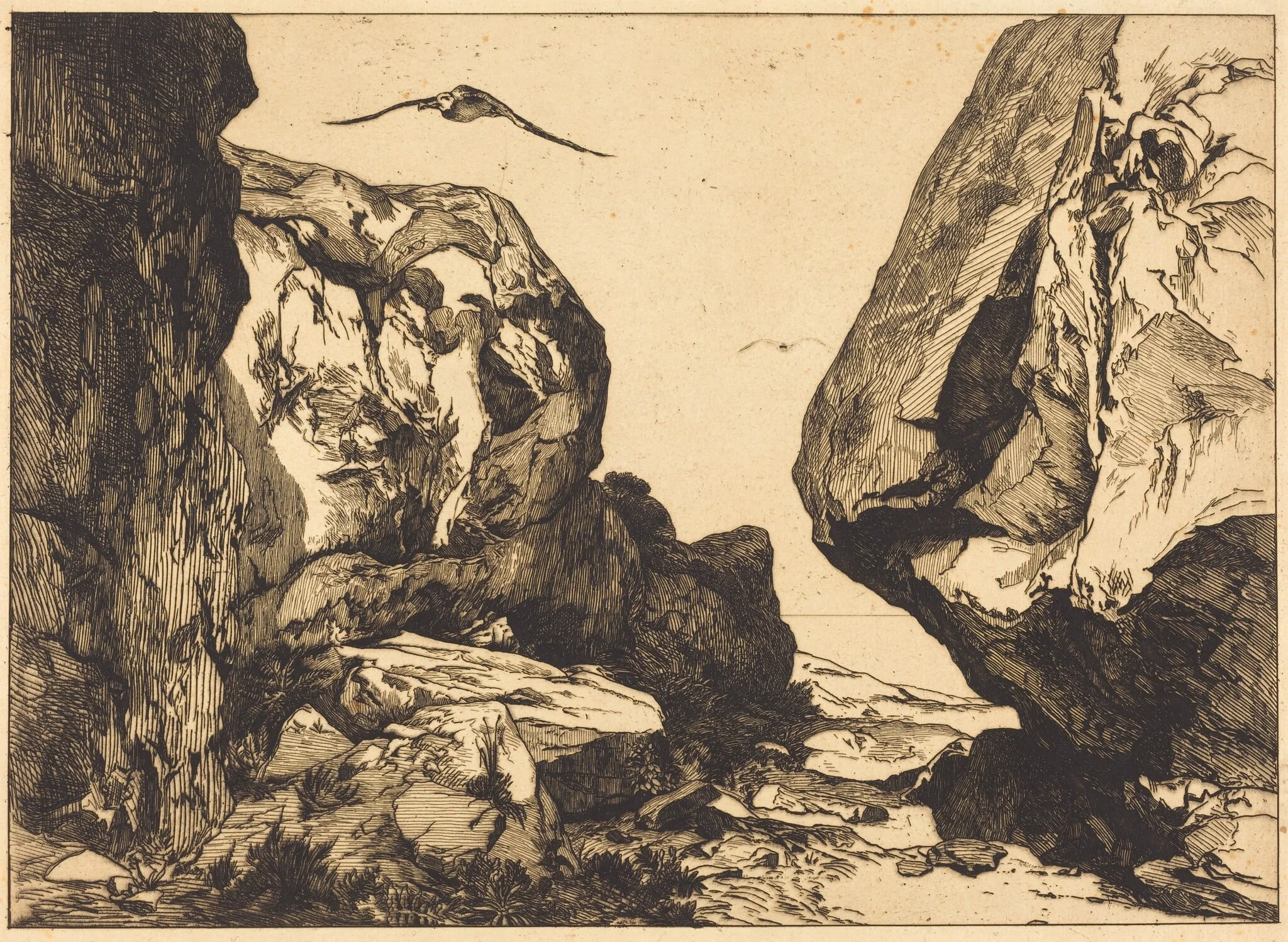 Gorge in the Rocks (Gorge dans les rochers), by Félix Bracquemond, ink, 1856