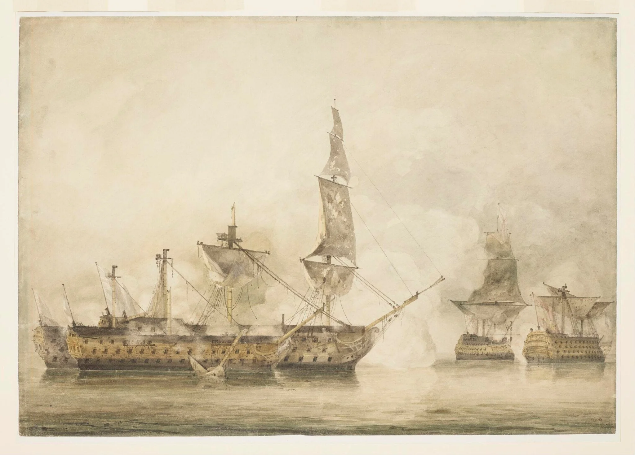 His Majesty's ship "Victory", Capt. E. Harvey, in the memorable battle of Trafalgar, between two French ships of the line