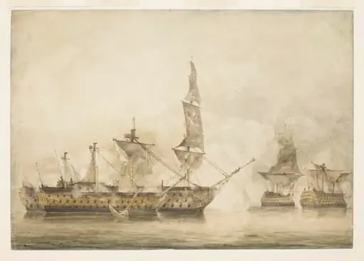 His Majesty's ship "Victory", Capt. E. Harvey, in the memorable battle of Trafalgar, between two French ships of the line