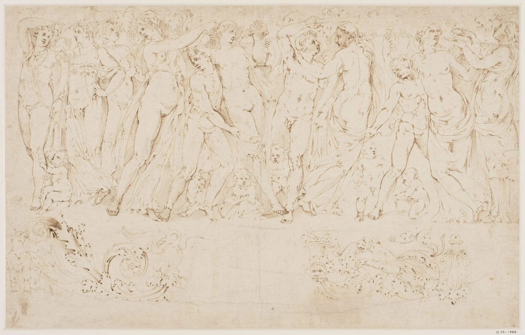 A Bacchic frieze; below, two studies of classical ornament