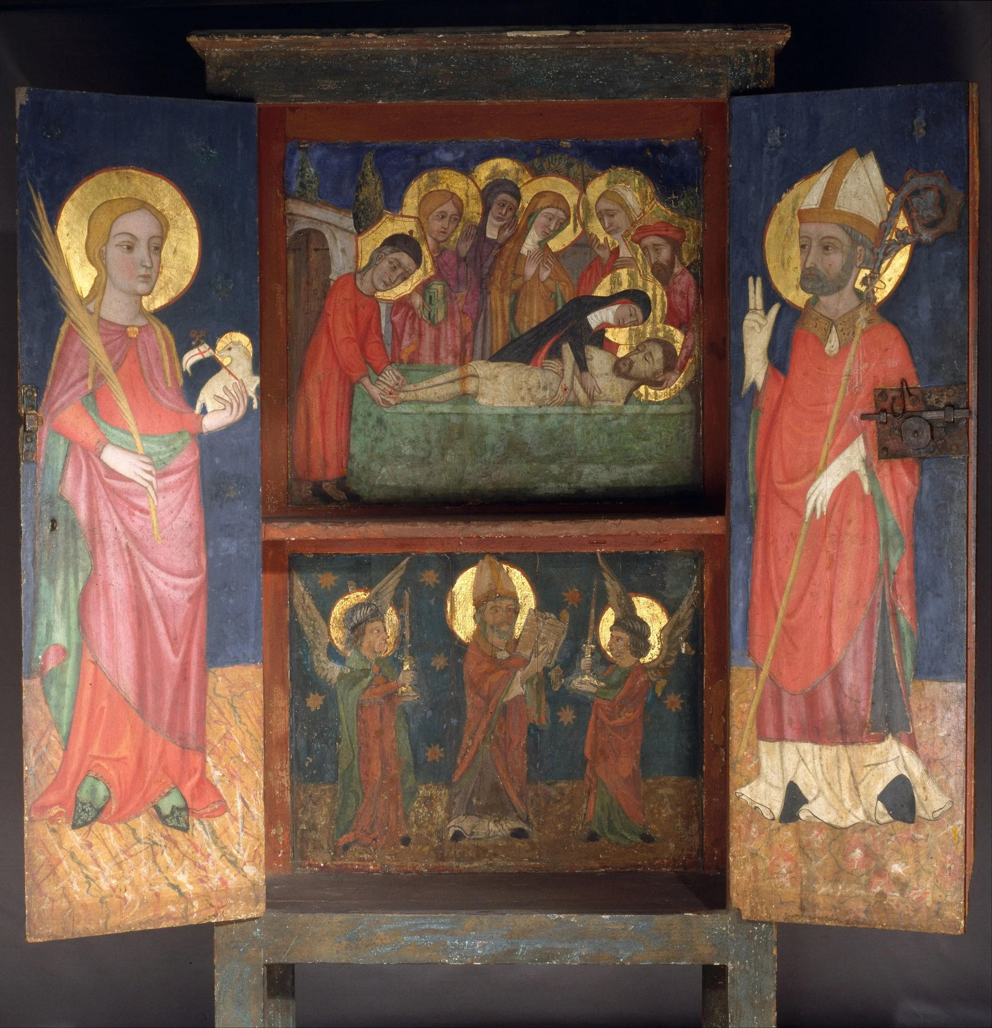 Liturgical cabinet with the Holy Burial, Saint Agnes and a Bishop Saint, by Unknown, unspecified, 1400