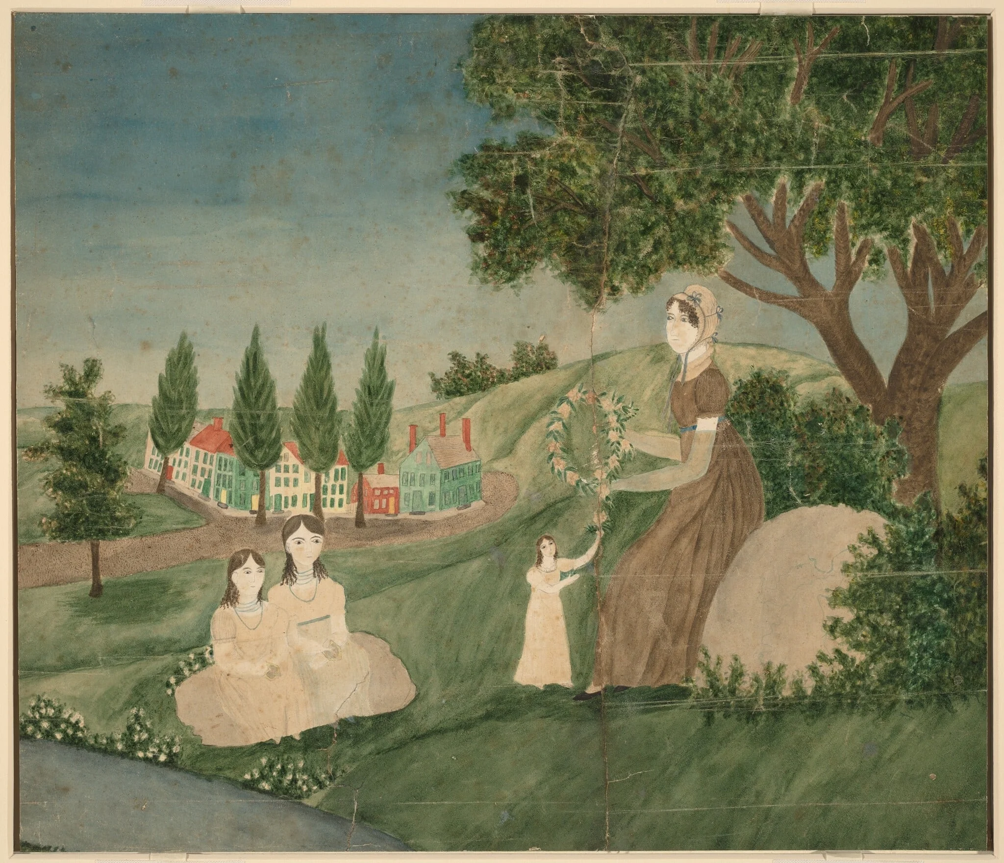 Mother and Three Children Making a Floral Wreath, by American 19th Century, graphite, 1825