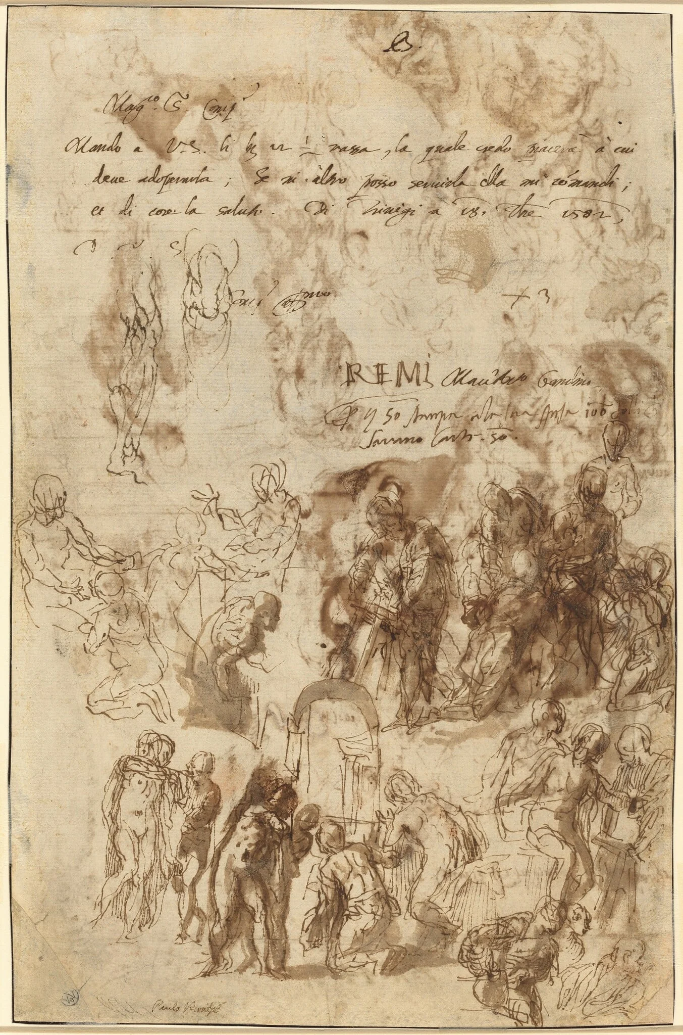 Studies for the Raising of Lazarus and Other Compositions [verso], by Veronese, ink, 1582