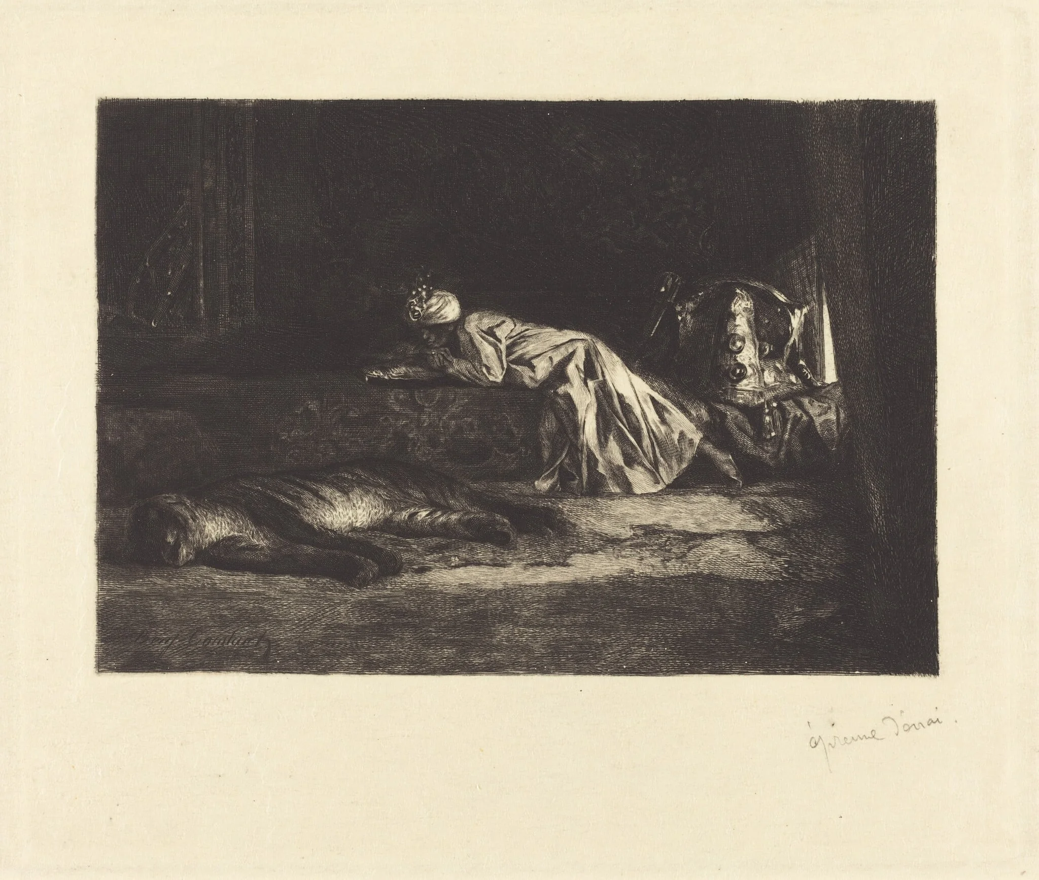 Oriental Interior with Sleeping Tiger, by Jean-Joseph Benjamin-Constant, ink, 1880