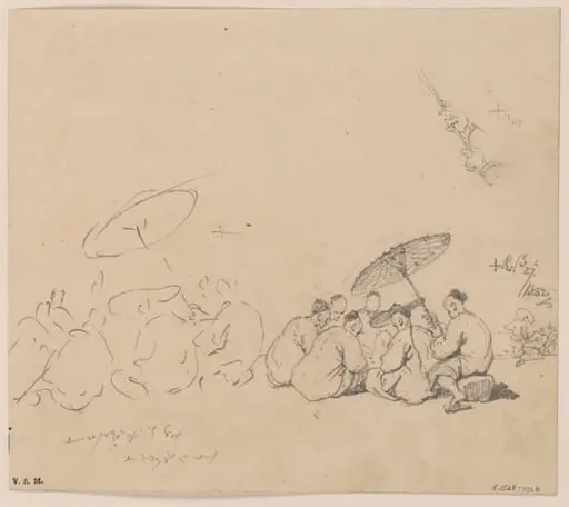 Two drawings of a group of Chinese figures