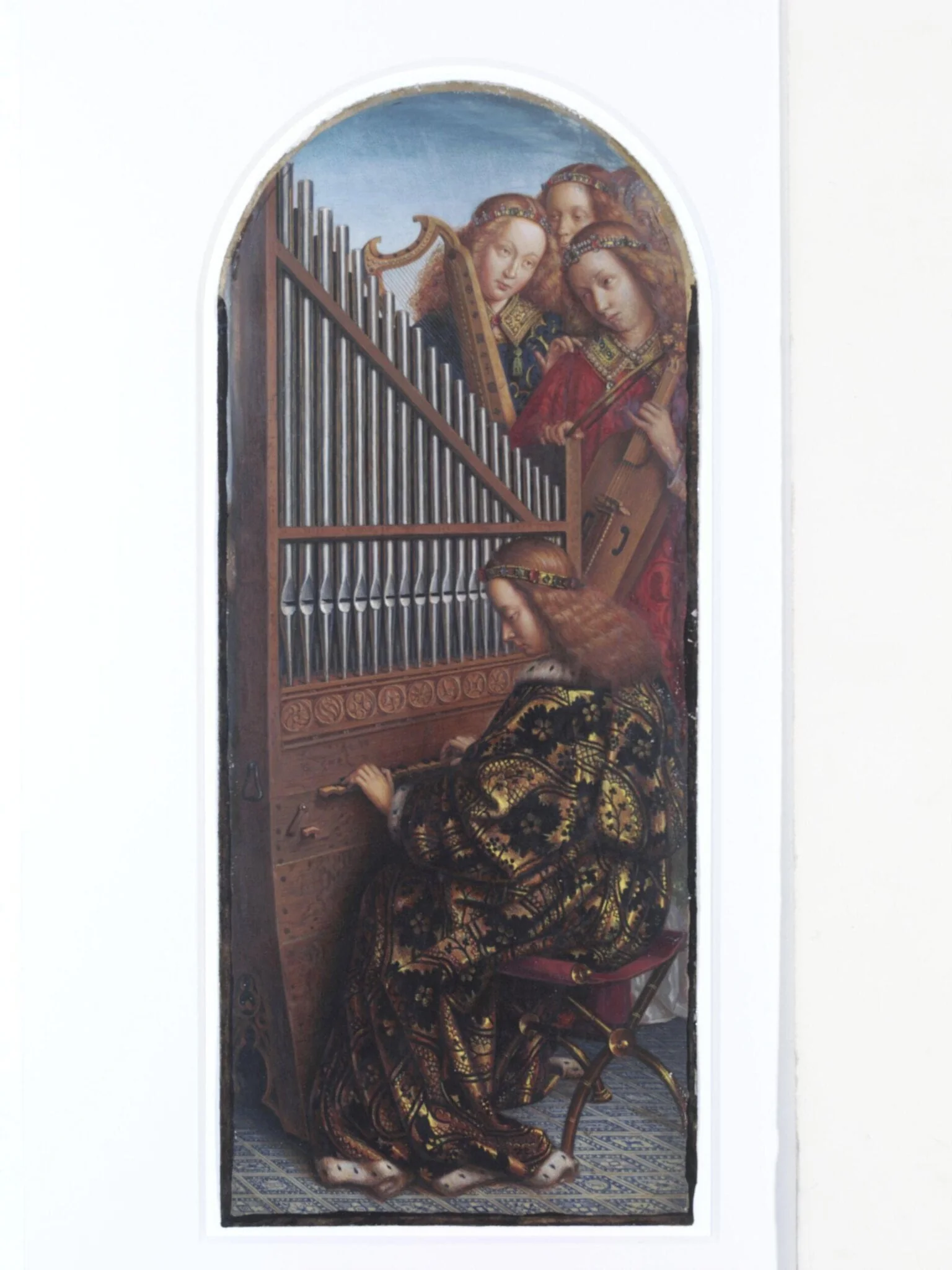 Copy of a detail of the Ghent Altarpiece, St Cecilia and the Organ, by Hubert and Jan van Eyck in the church of St Bavon, Ghent.