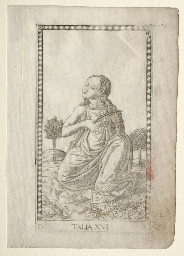 Thalia (comedy, pastoral poetry) (from the Tarocchi series D:  Apollo and the Muses, #16), by Master of the E-Series Tarocchi, 1467