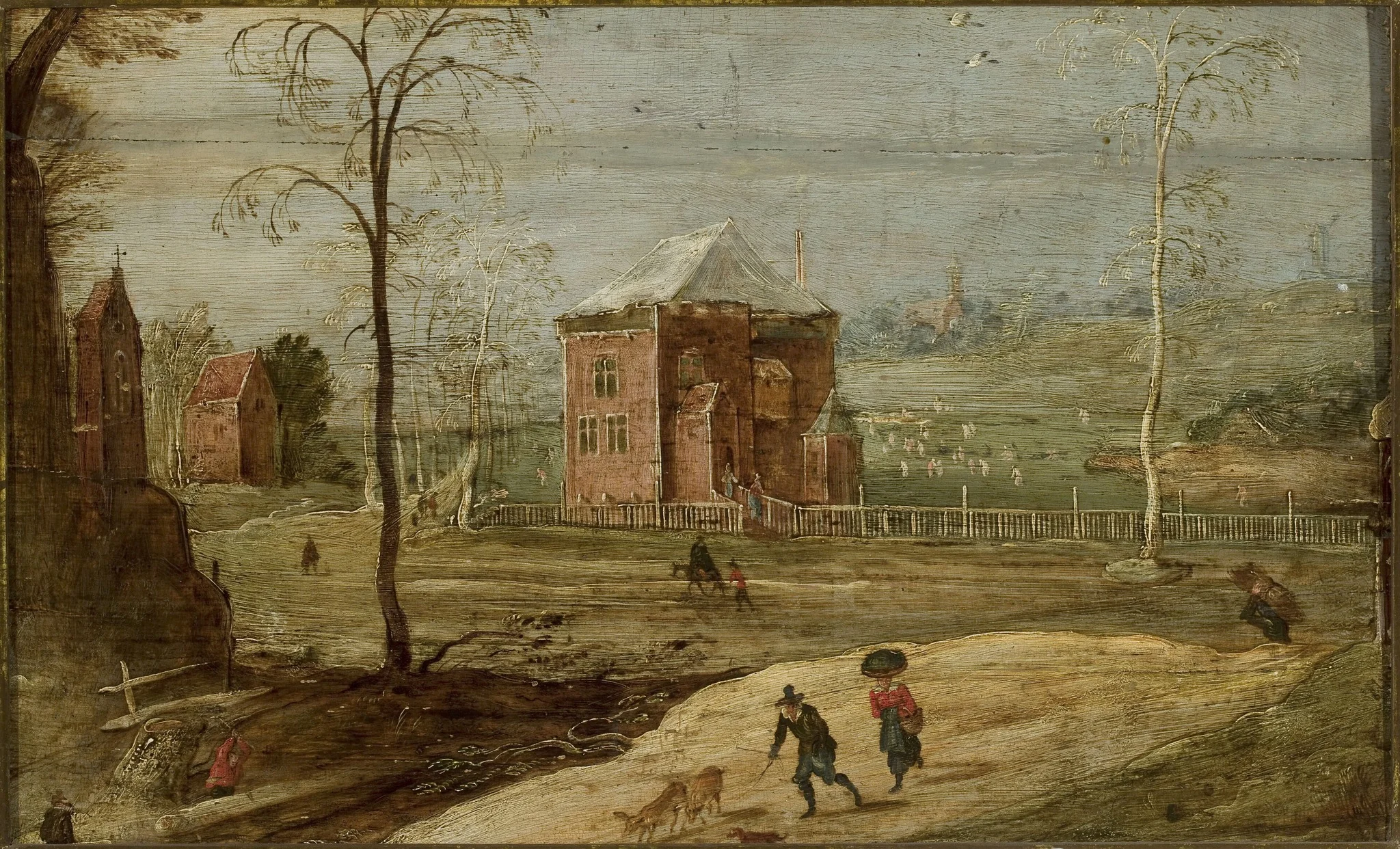 Winter landscape in the countryside with a building