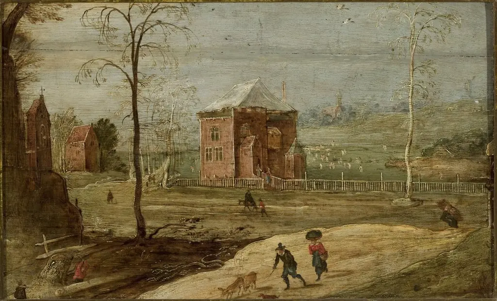 Winter landscape in the countryside with a building