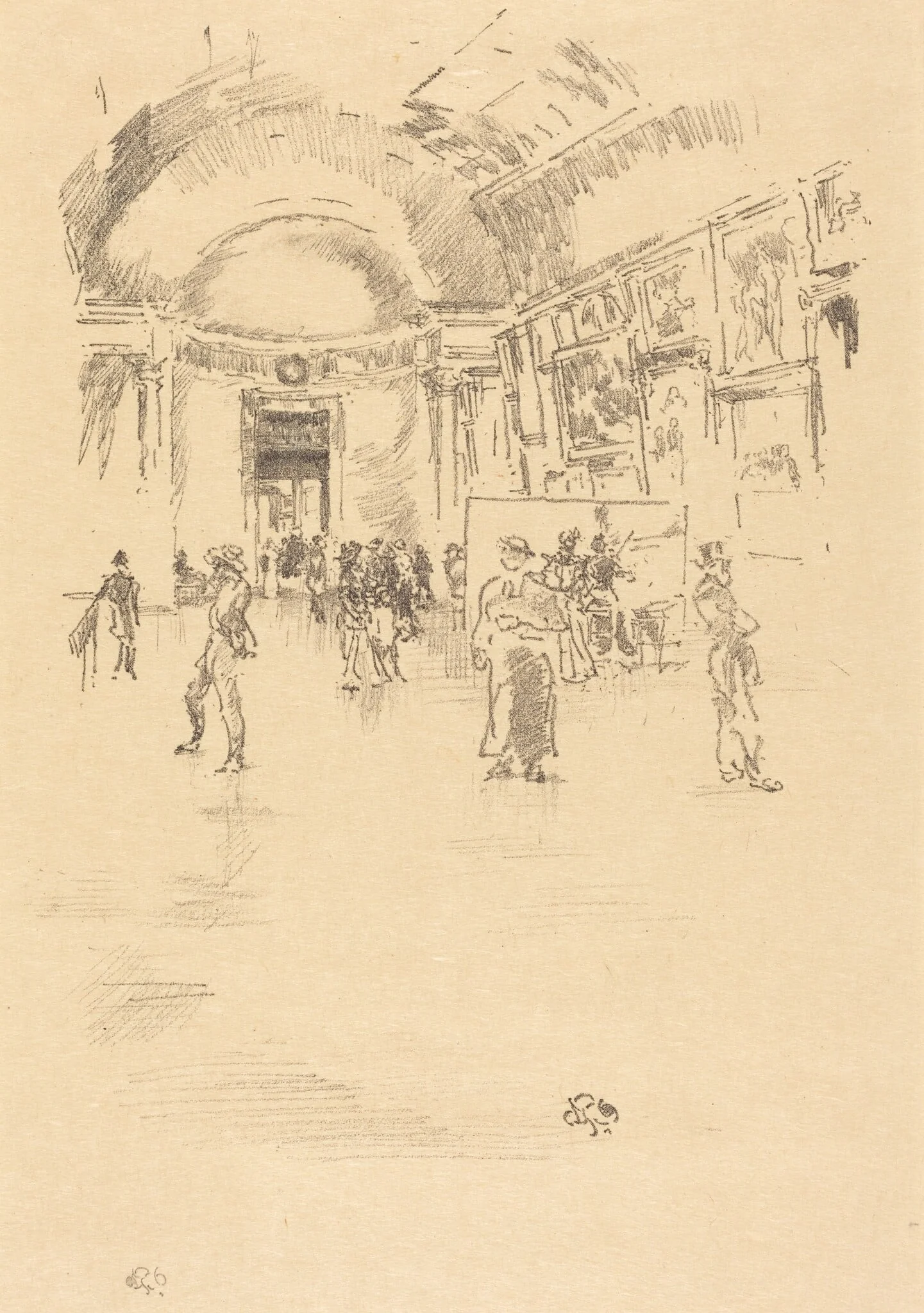 The Long Gallery, Louvre, by James McNeill Whistler, ink, 1894