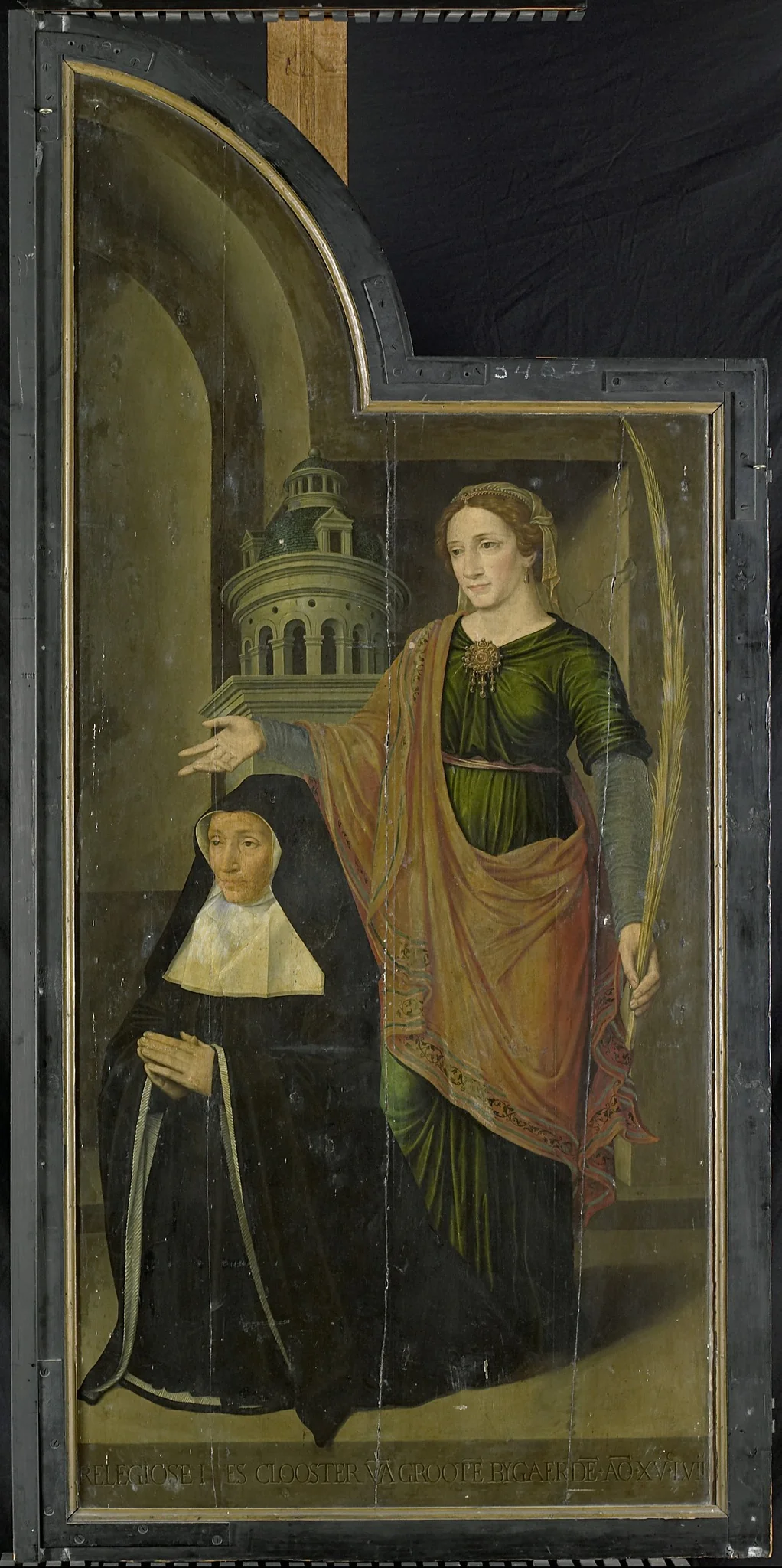 De knielende stichteres Berbel of Barbara van der Noot met de heilige Barbara, rechter paneel van een drieluik (dicht), by Hans van Coninxloo, oil, 1557