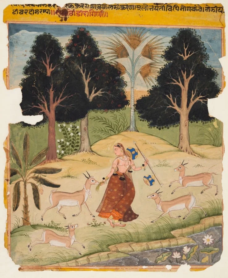 Woman Feeding Deer: Todi Ragini, from a Ragamala, by Unknown, unspecified, 1610