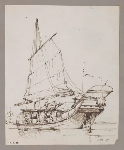A Chinese junk with sail set