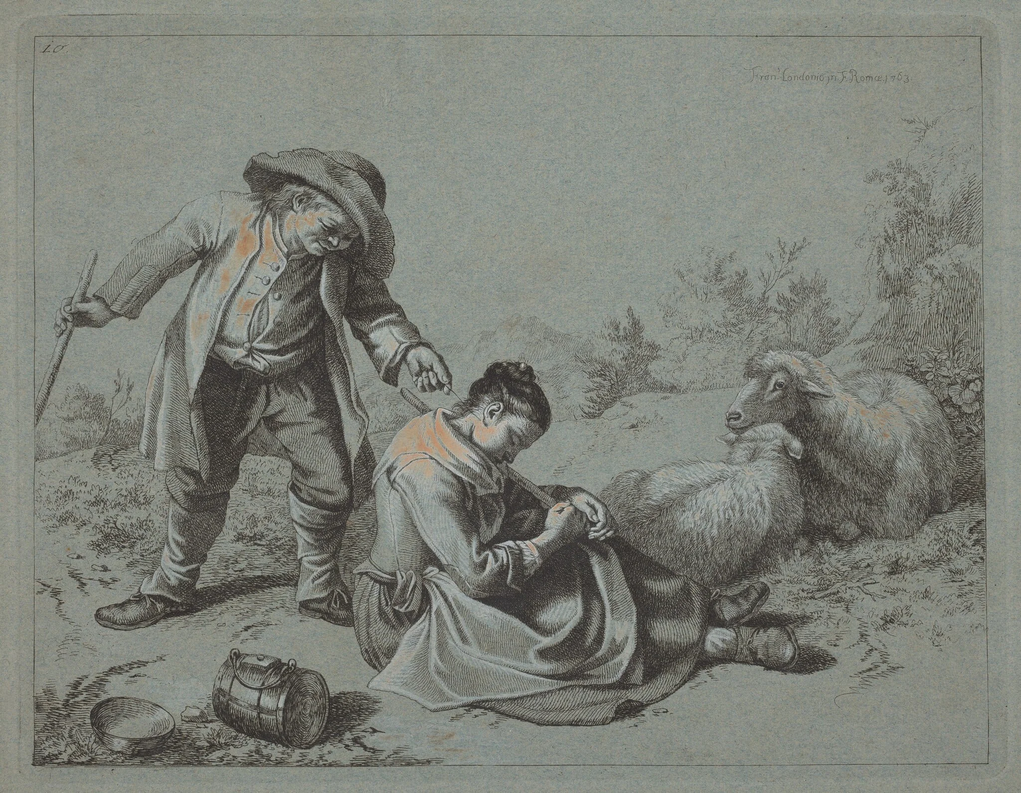 Peasant Teasing a Sleeping Girl with a Twig, by Francesco Londonio, gouache, 1763