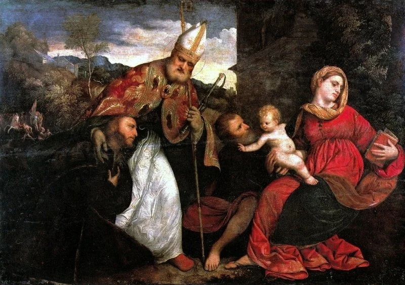 The Holy family with St. Ambrosius and a donor, by Paris Bordone, oil, 1520