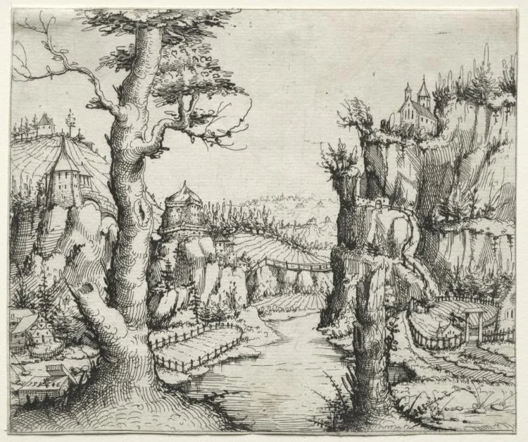 River Landscape with Rocks at Left and Right, by Augustin Hirschvogel, 1546