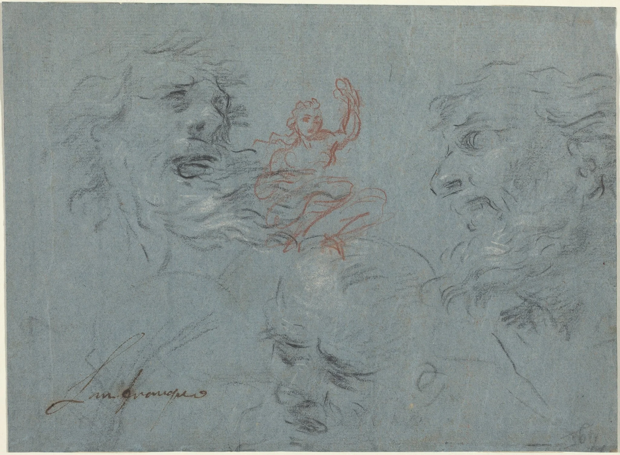 Study of Heads [recto], by French 17th Century, chalk, 1650