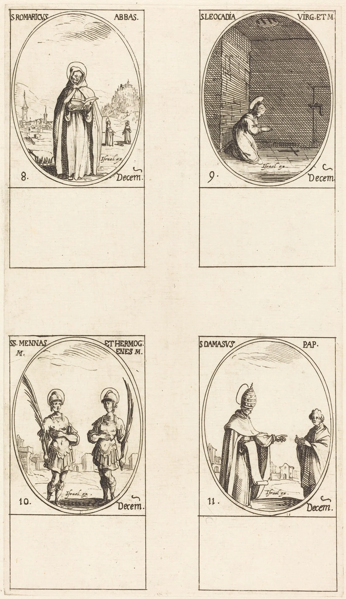 St. Romaricus; St. Leocadia; Sts. Mennas and Hermogenes; St. Damasus, by Jacques Callot, ink, 1634