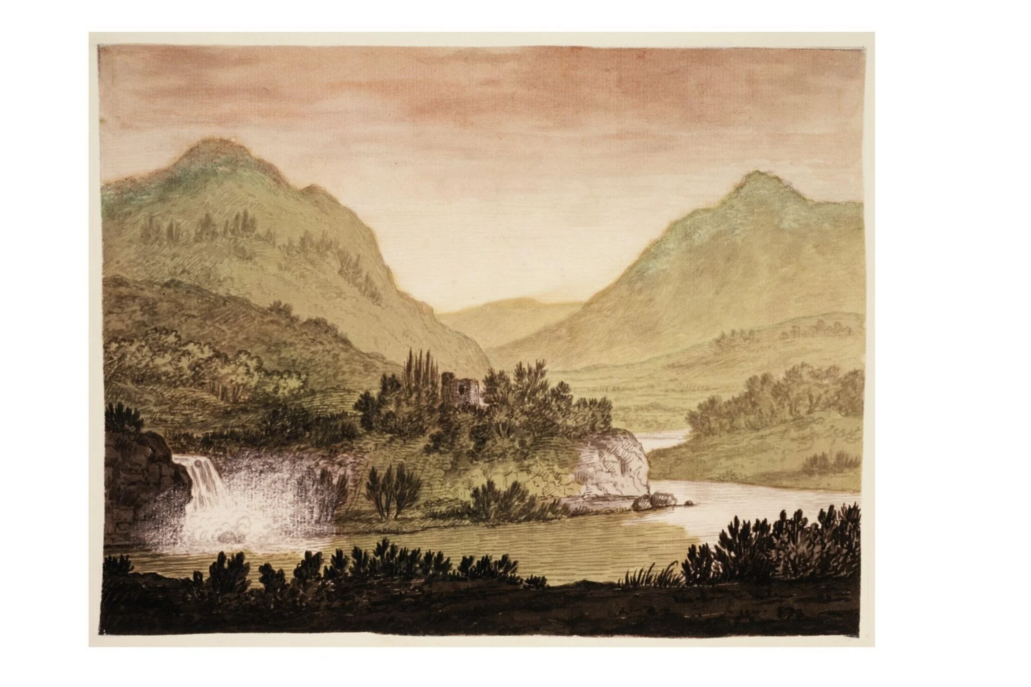 Mountainous Landscape with a Castle and Waterfall, by Alexander Cozens, watercolor, 1740
