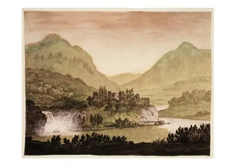 Mountainous Landscape with a Castle and Waterfall