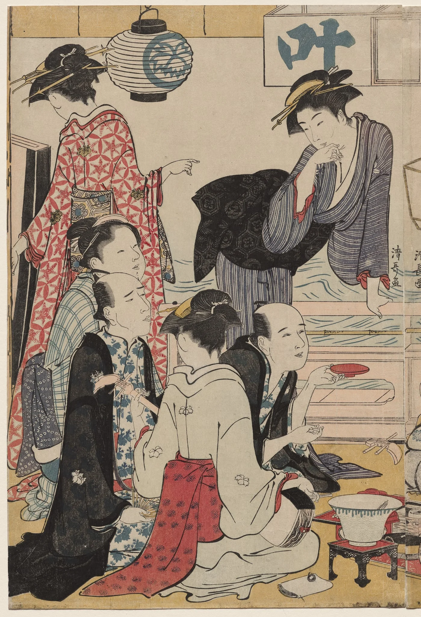 Entertainment on a Balcony by the Water at Nakasu, from the series, A Collection of Beautiful Modern Women of the Pleasure Quarters, by Torii Kiyonaga, 1783