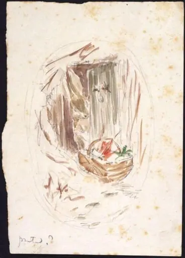 Rabbit opening a door to find a basket of food, including carrots