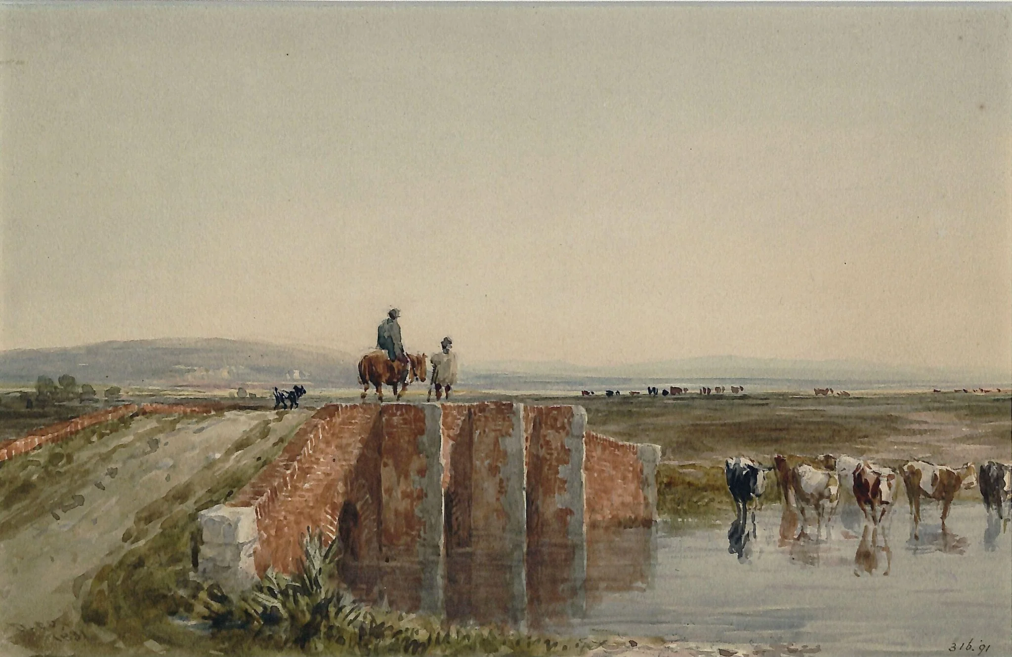 Landscape with Bridge, Figures and Cattle, by David Cox, watercolor, 1831