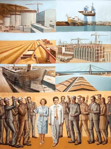 Tablou „Recunoștință”, ulei/pânză, atribuit lui Gheorghe Caruțiu. Tabloul îi prezintă în planul de jos pe soții Ceaușescu în mijlocul muncitorilor extaziați. În planul de sus, reprezentate în șase tablouri, sunt realizările industriale și agricole ale ”Epocii de Aur”. Comandat de Comitetul Județean Constanța (1988).