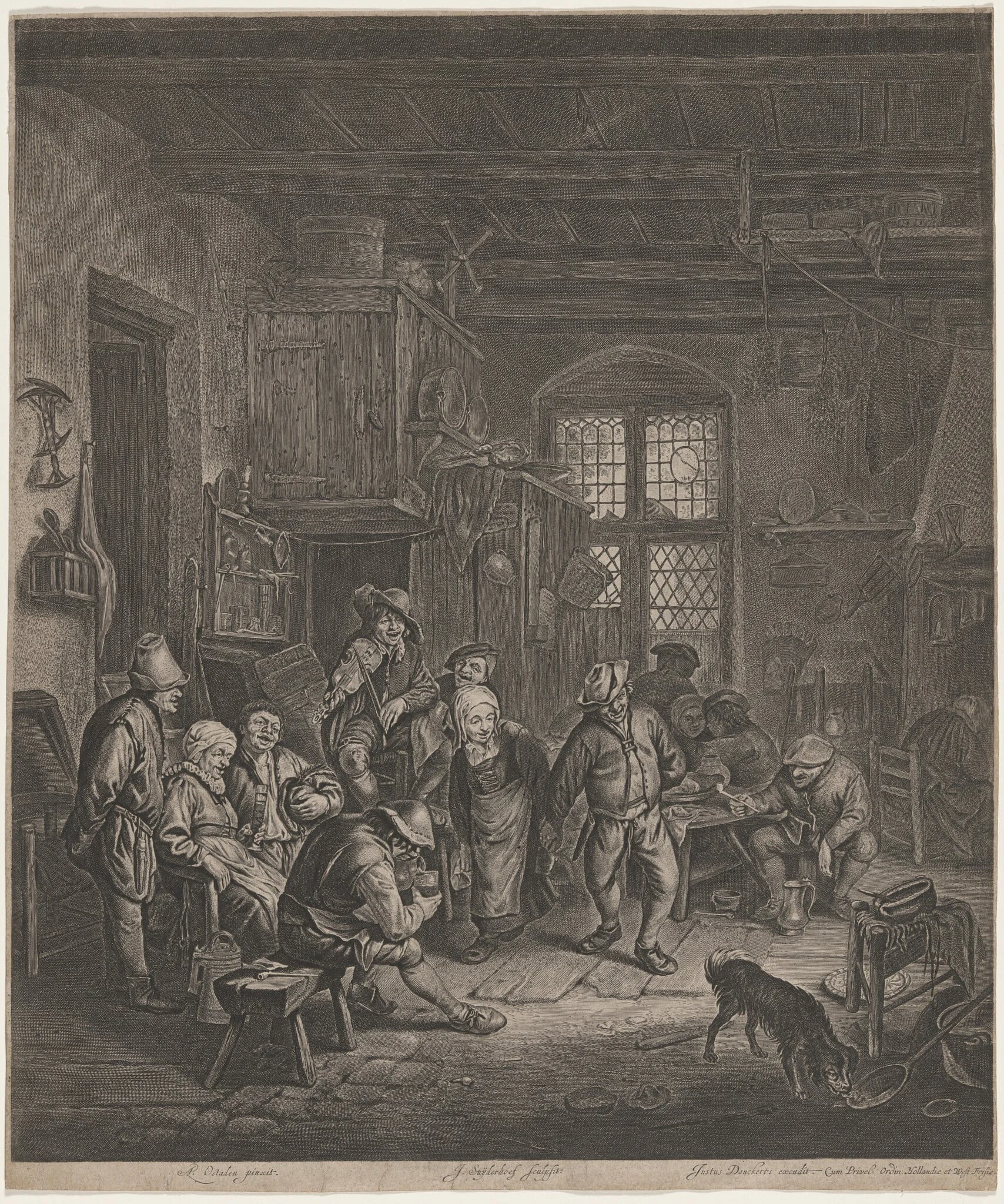 Peasant Interior with a Dancing Couple, by Jonas Suyderhoff, ink, 1650