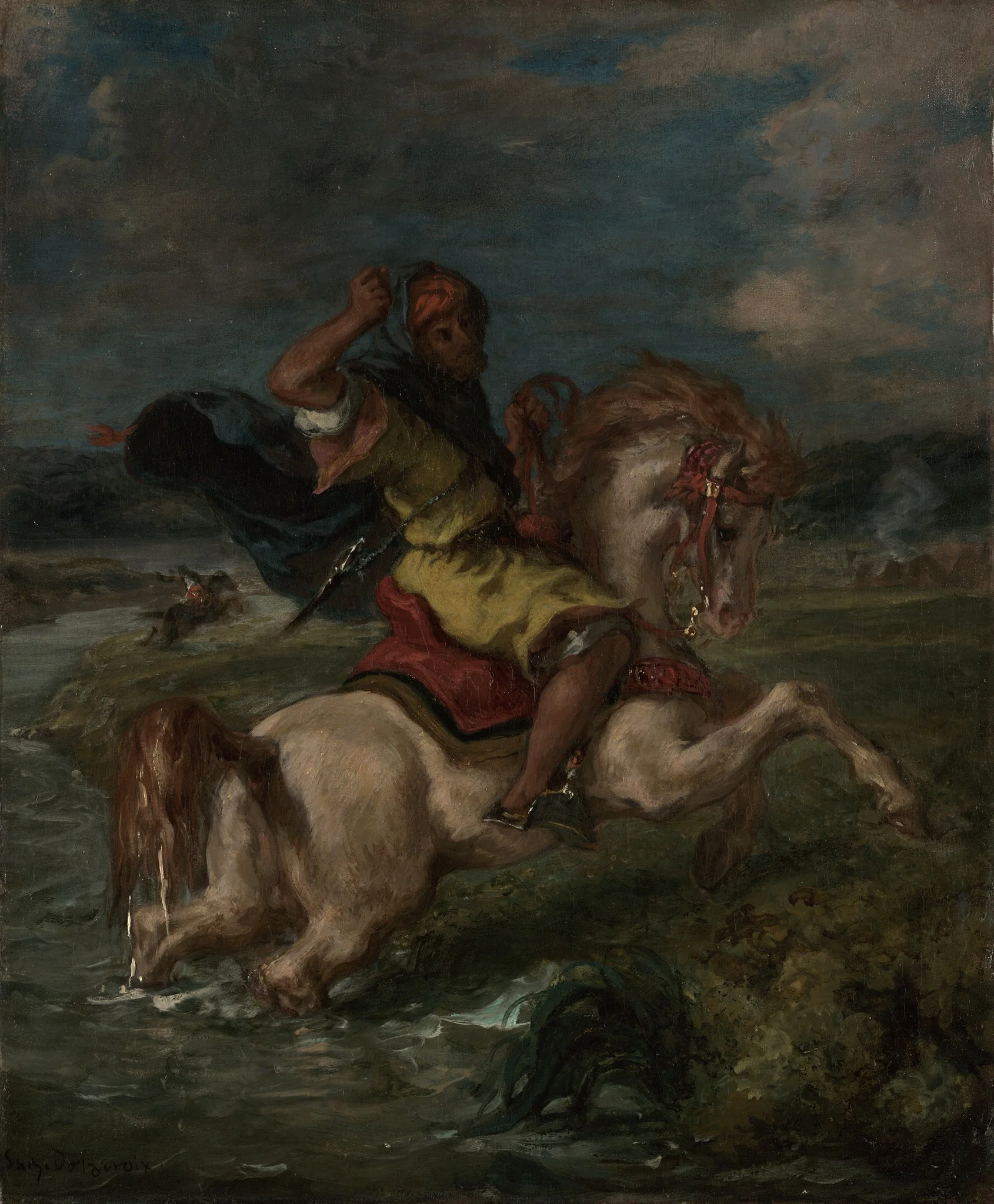 Moroccan Horseman Crossing a Ford, by Eugène Delacroix, oil, 1850