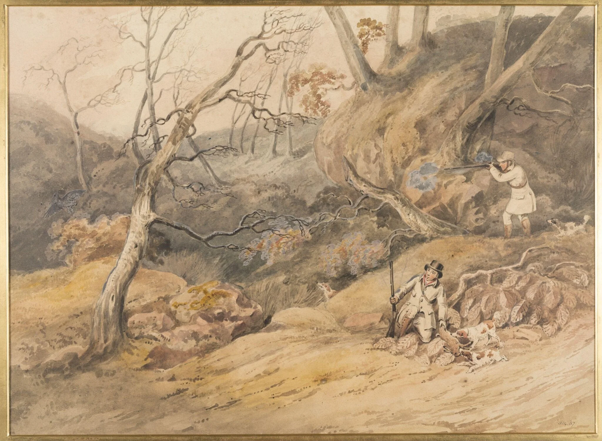 Sportsmen in a wood, by Alken, watercolor, 1805
