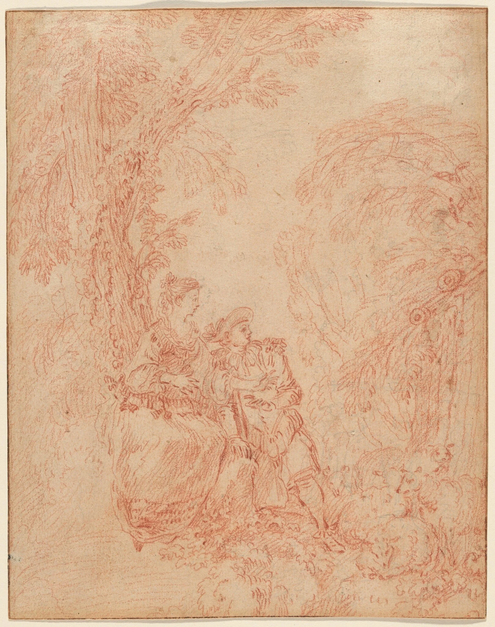 A Shepherd and Shepherdess Seated under a Tree, by Jean Antoine Watteau, chalk, 1710
