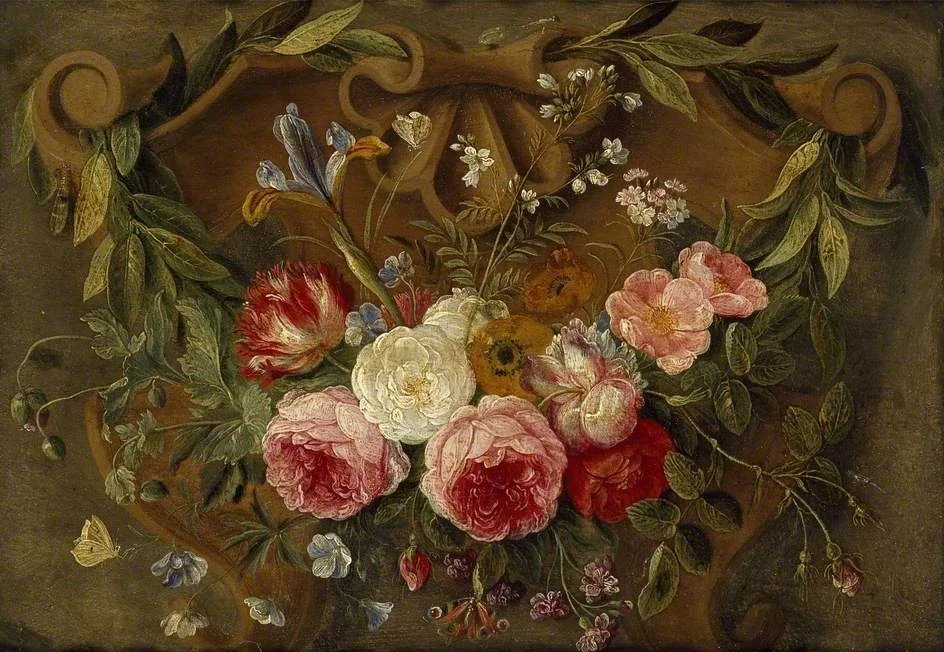 Decorative Still-Life Composition with a Garland of Flowers, by Jan van Kessel the Elder, oil, 1662