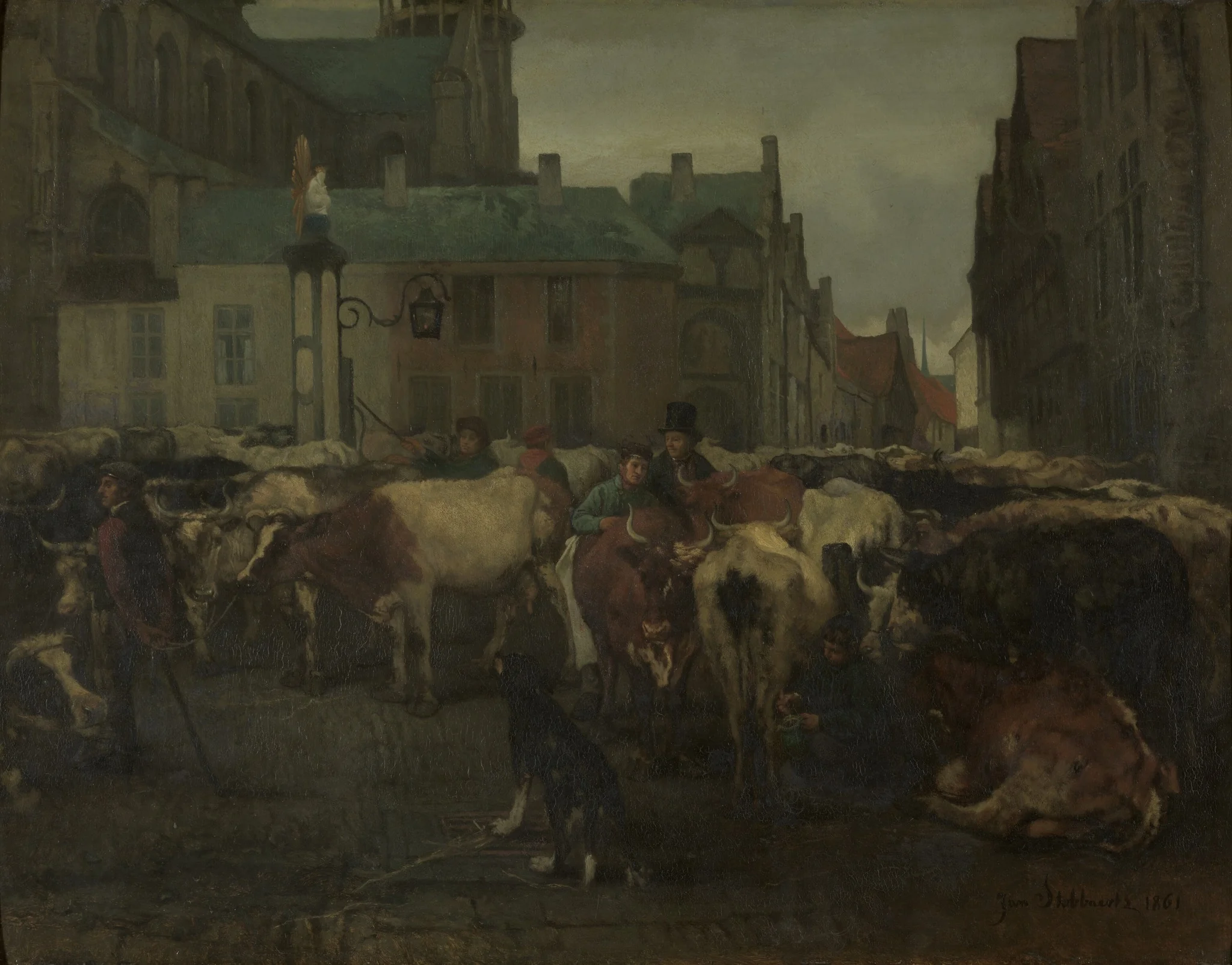 The Cattle Market in Antwerp, by Jan Stobbaerts, oil, 1861