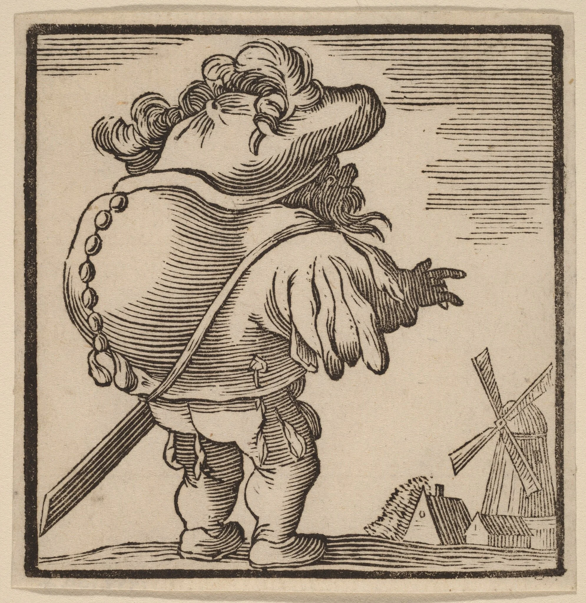 Hunchback Gazing at a Windmill, by H. Numan, ink, 1770