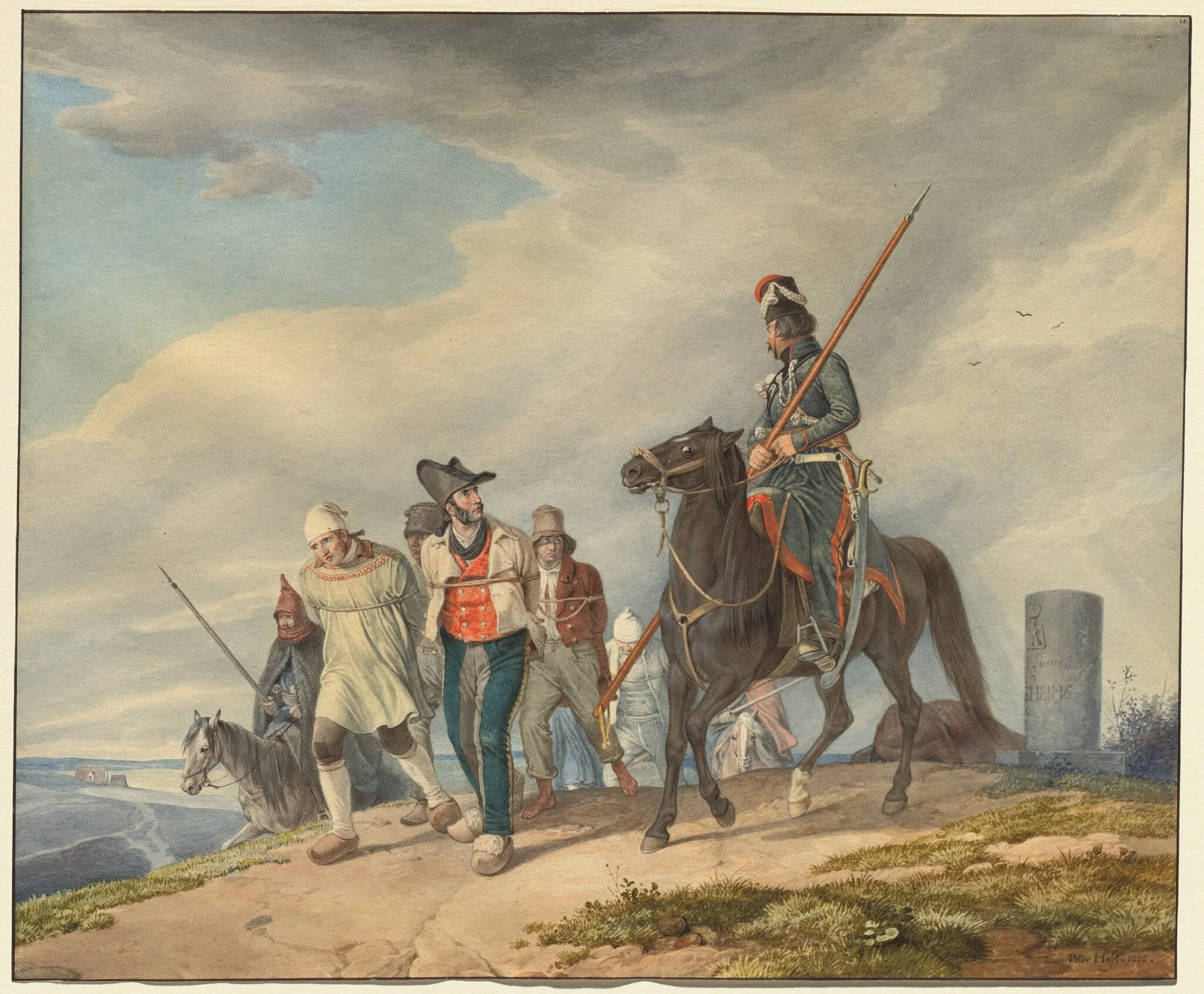 Three Armed Riders Escorting Prisoners near Reims, by Peter von Hess, gouache, 1825